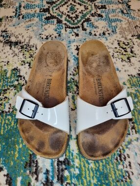 Birkenstock Madrid White Leather One Buckle Slip On Sandals, Size 38 US 7